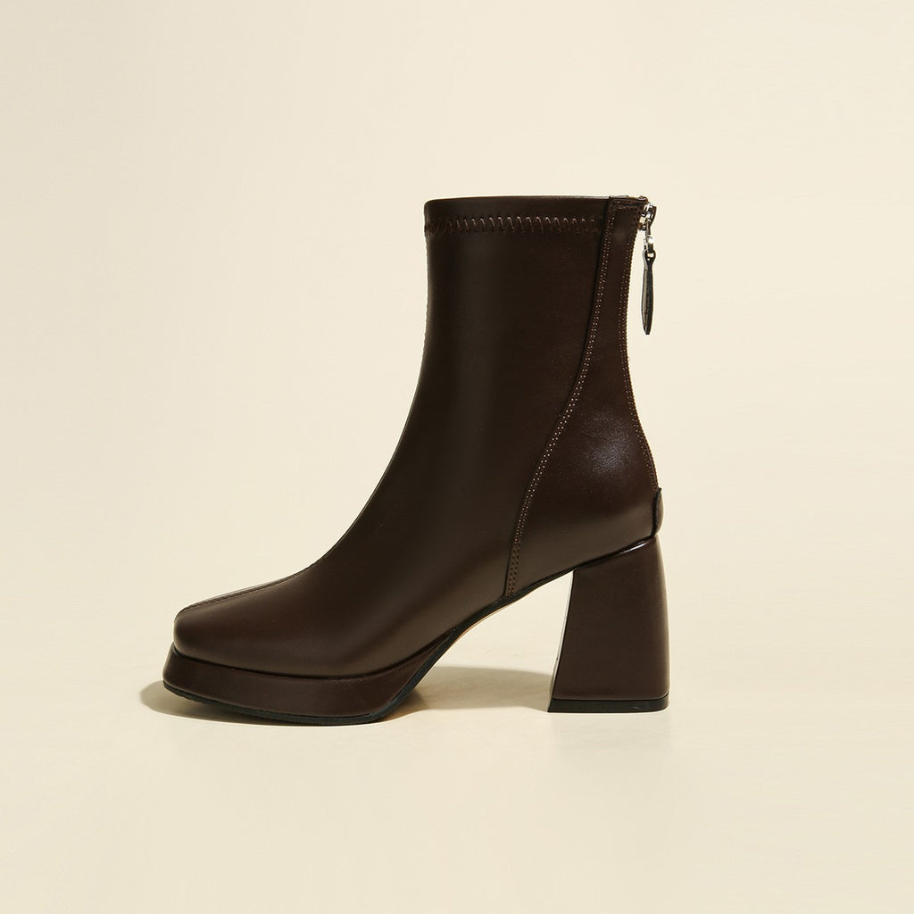 Square Toe Platform Block Heel Ankle Boots - Brown