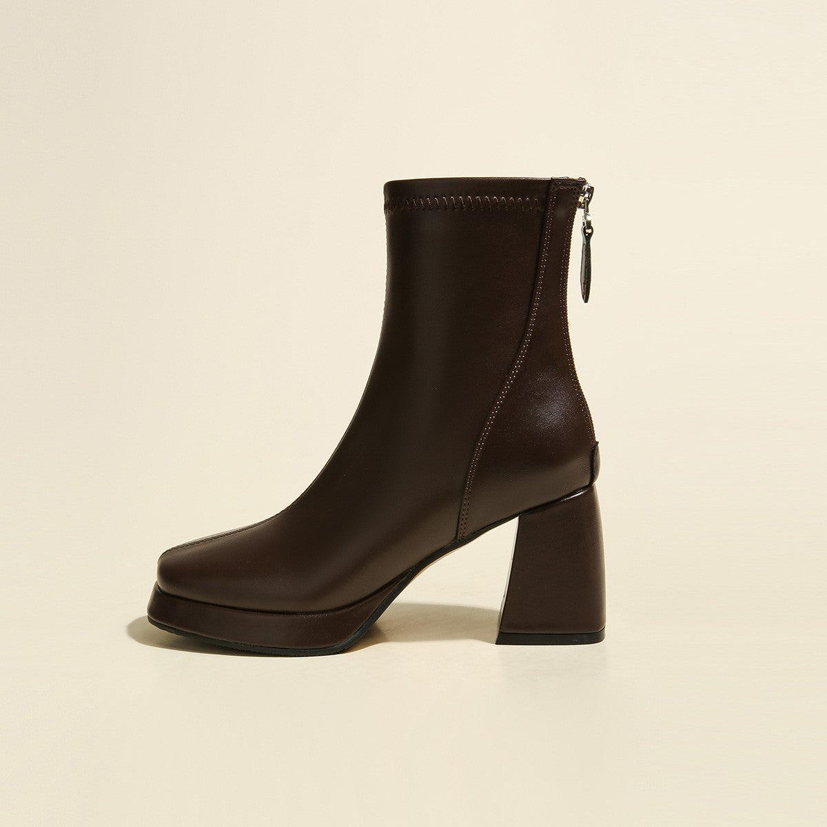 Square Toe Platform Block Heel Ankle Boots - Brown