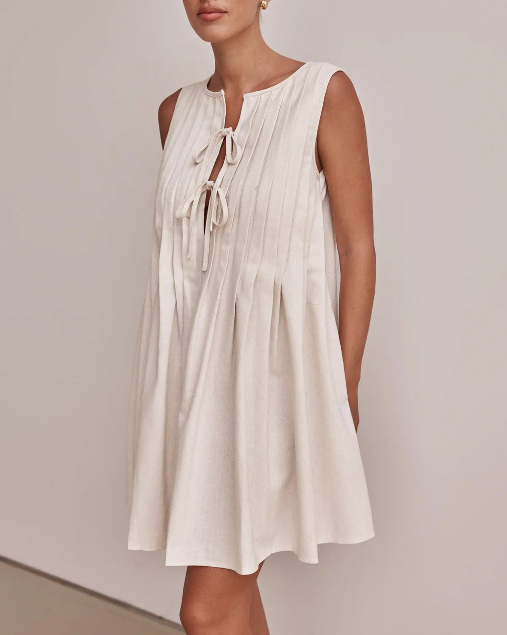 Sleeveless Tie Front Pintuck Swing Dress
