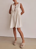 Sleeveless Tie Front Pintuck Swing Dress - white