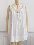 Cotton Babydoll Mini Dress With Lace Neckline - White