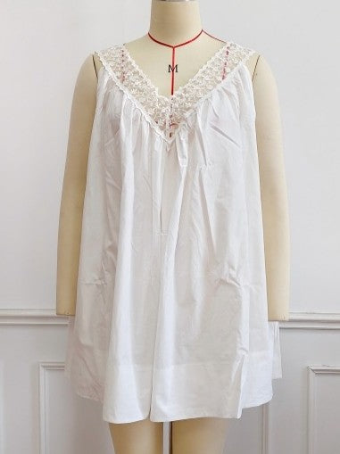 Cotton Babydoll Mini Dress With Lace Neckline - White
