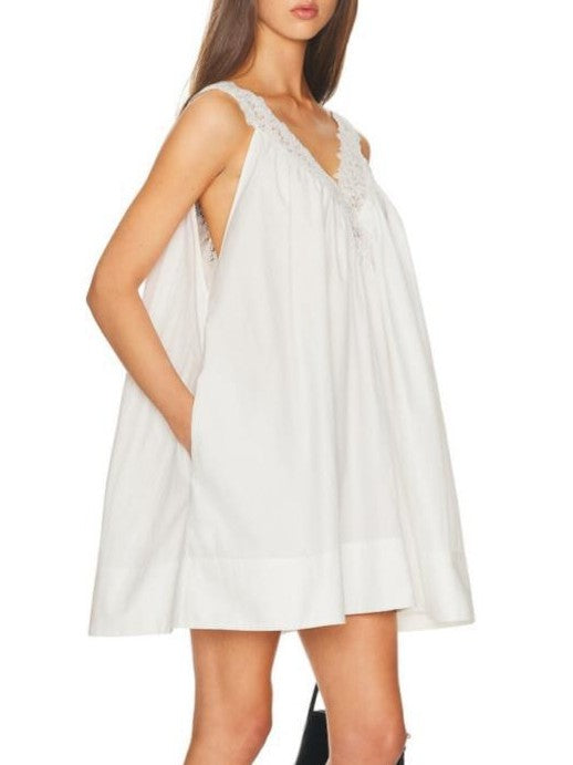 Cotton Babydoll Mini Dress With Lace Neckline