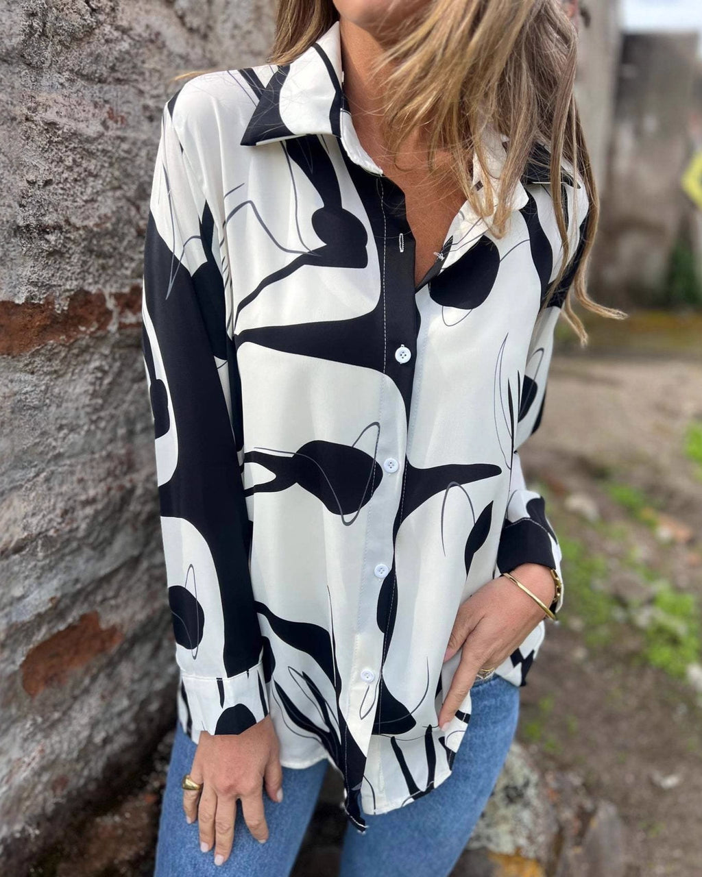 Brushstroke Print Collared Long Sleeve Shirt - Black