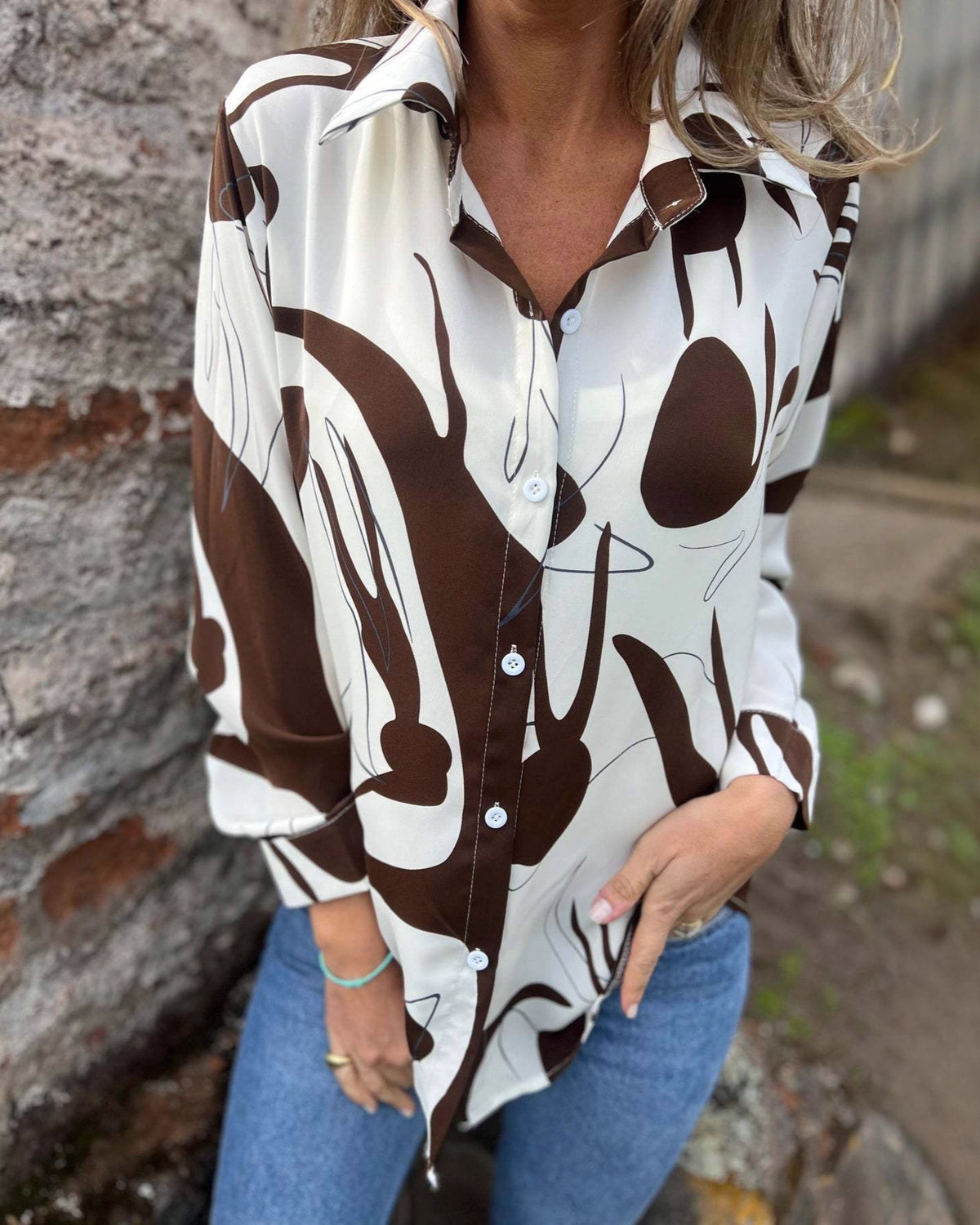 Brushstroke Print Collared Long Sleeve Shirt - Brown - 1