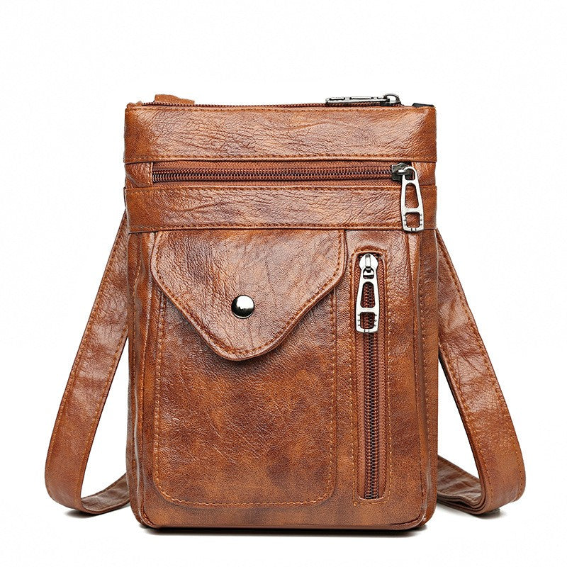 Multi Pocket Faux Leather Crossbody Bag - Brown