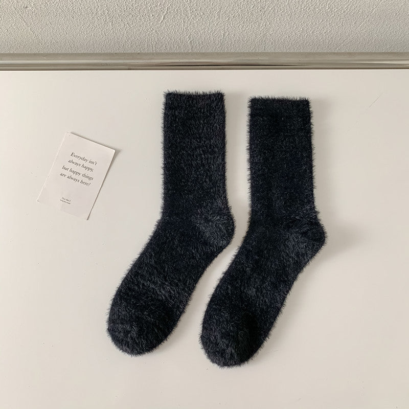 Fluffy Mink Knit Cozy Crew Socks - Black