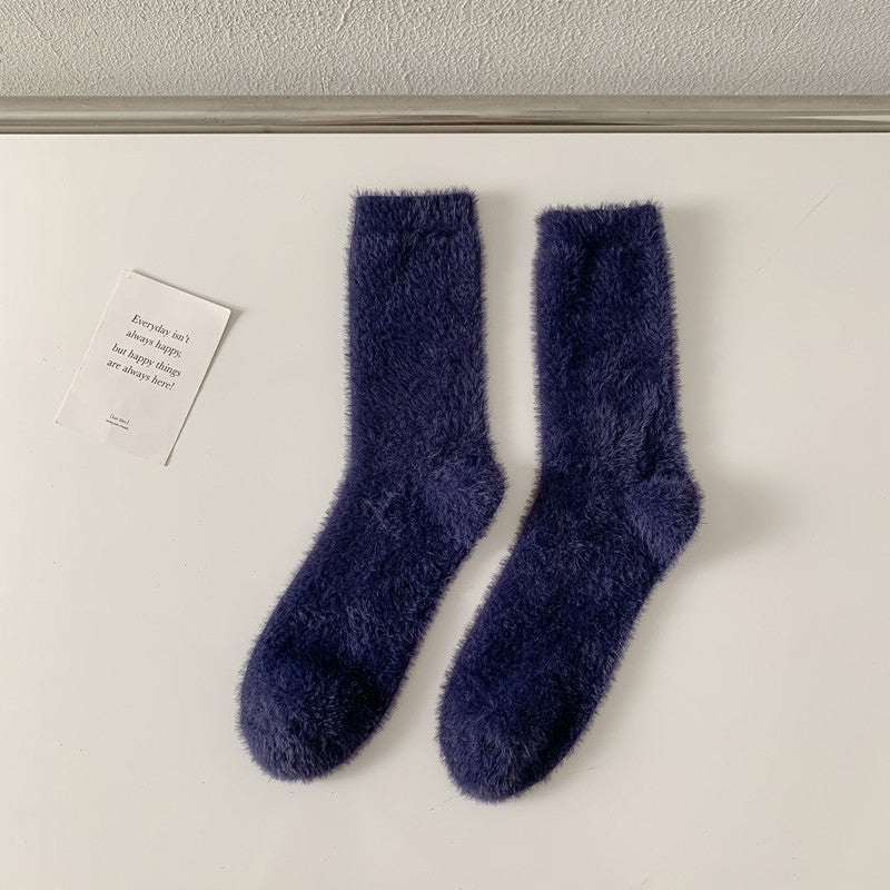 Fluffy Mink Knit Cozy Crew Socks - Navy