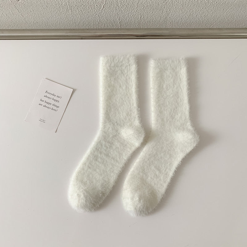 Fluffy Mink Knit Cozy Crew Socks - White