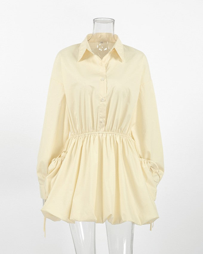 Bubble Hem Collared Mini Shirt Dress - Yellow