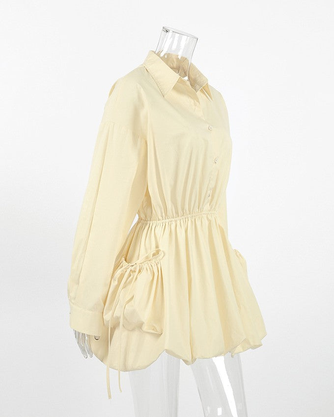 Bubble Hem Collared Mini Shirt Dress - Yellow - 1