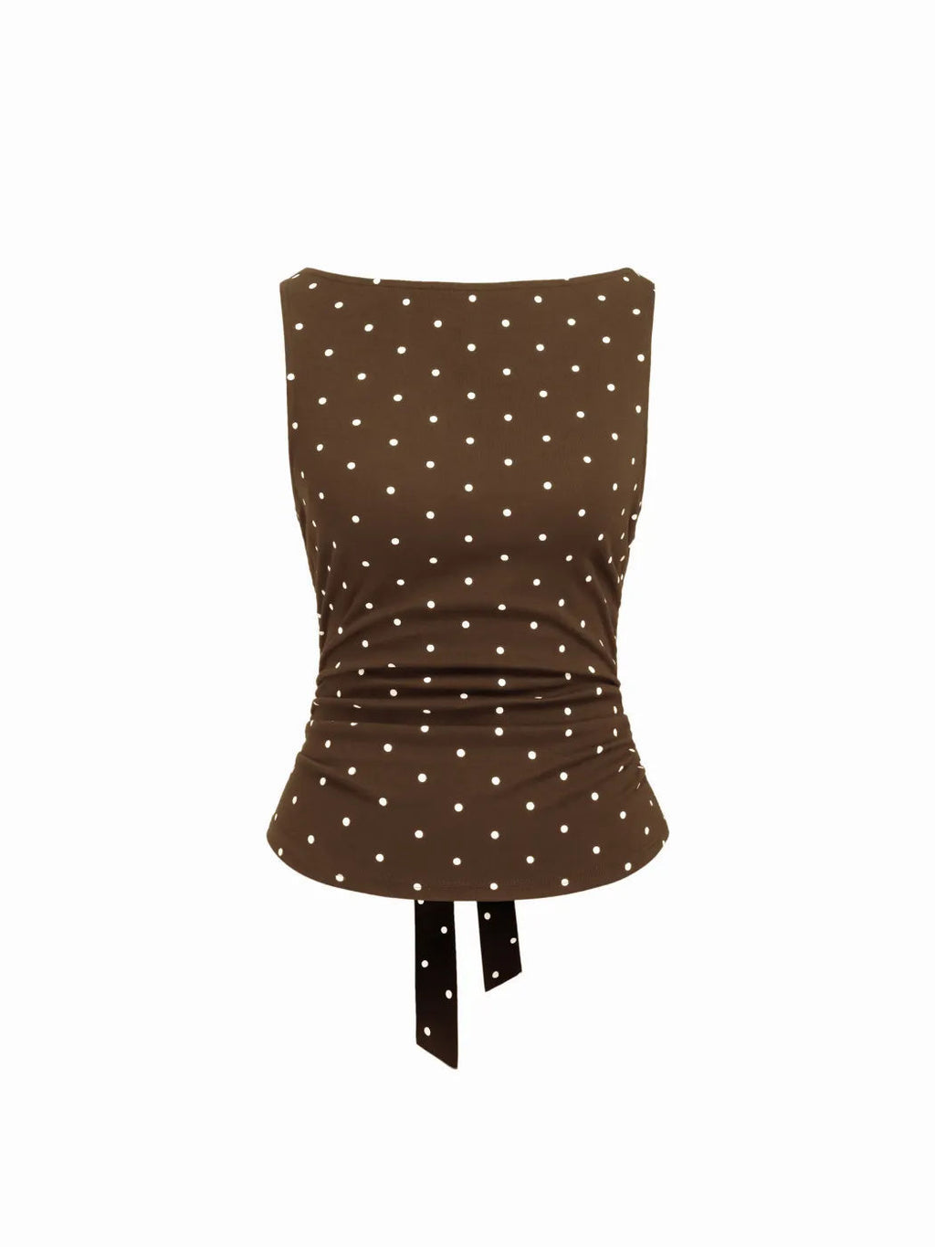 Ruched Polka Dot Knit Top With Bow Back - Coffee