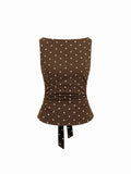 Ruched Polka Dot Knit Top With Bow Back - Coffee