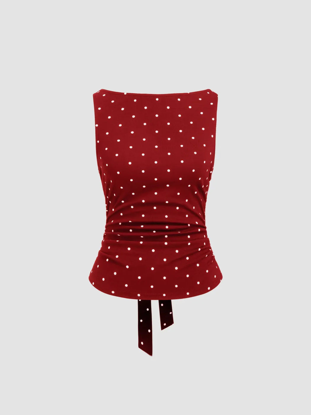 Ruched Polka Dot Knit Top With Bow Back - Red