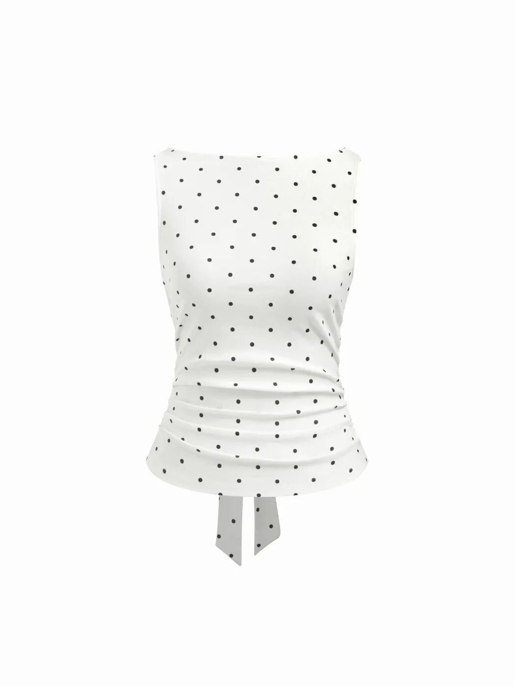 Ruched Polka Dot Knit Top With Bow Back - White