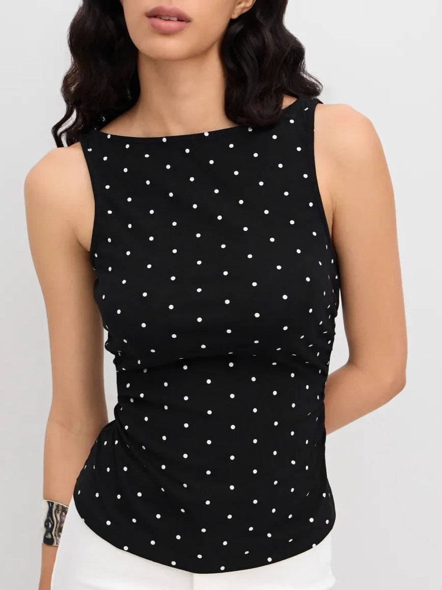 Ruched Polka Dot Knit Top With Bow Back
