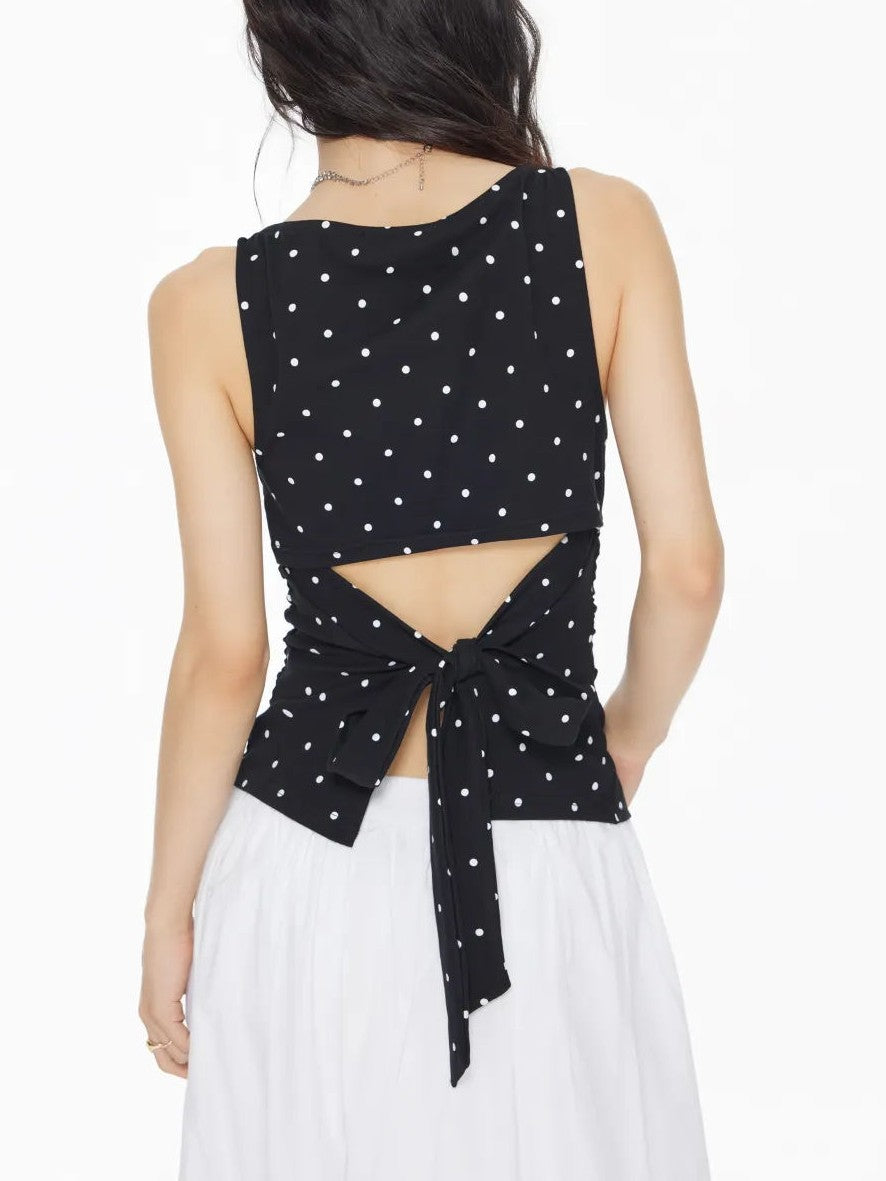 Ruched Polka Dot Knit Top With Bow Back - view 2