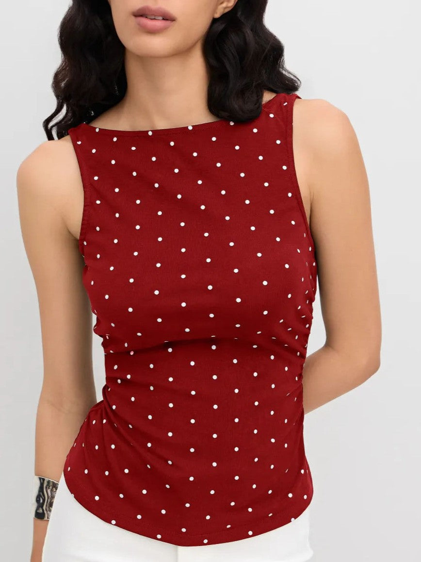 Ruched Polka Dot Knit Top With Bow Back - view 4