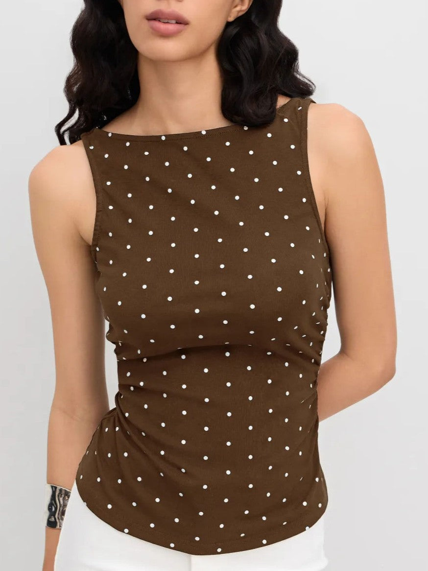 Ruched Polka Dot Knit Top With Bow Back - view 5