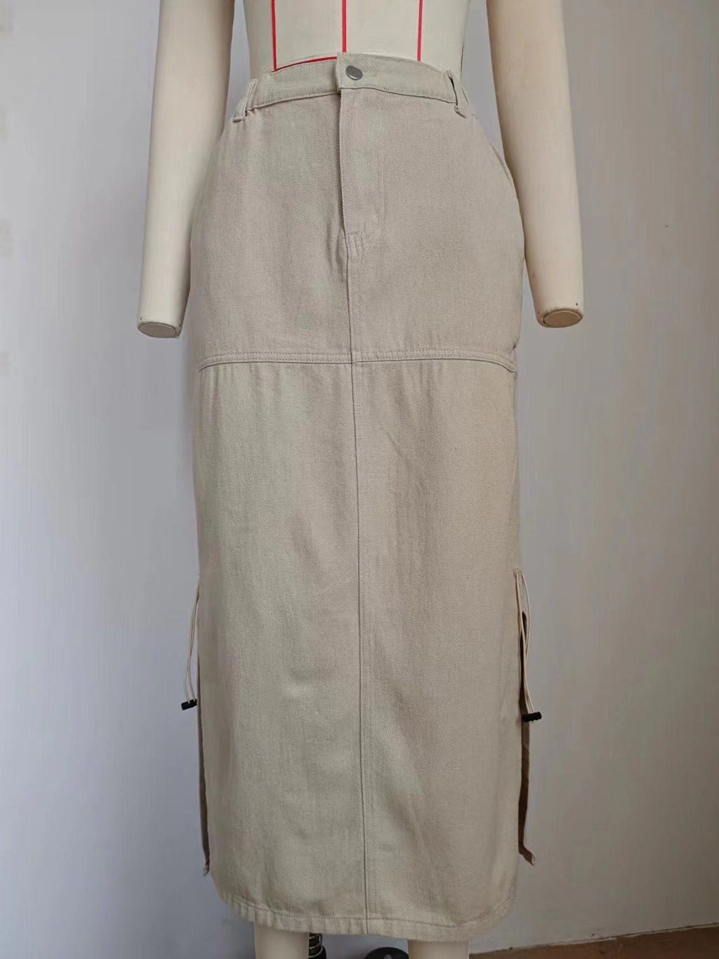 Drawstring Ruched Cargo Maxi Skirt - Beige - 7