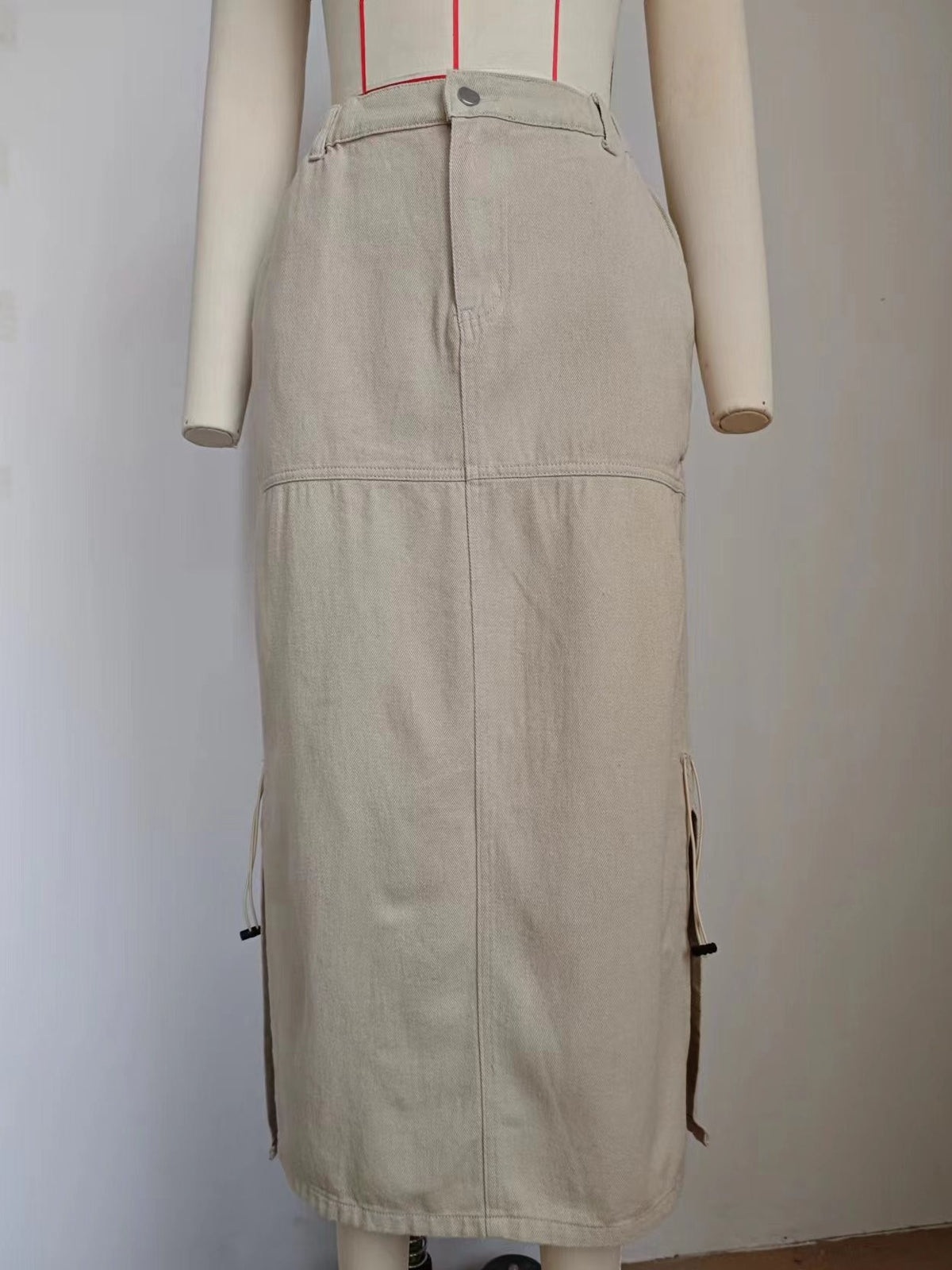 Drawstring Ruched Cargo Maxi Skirt - Beige - 7