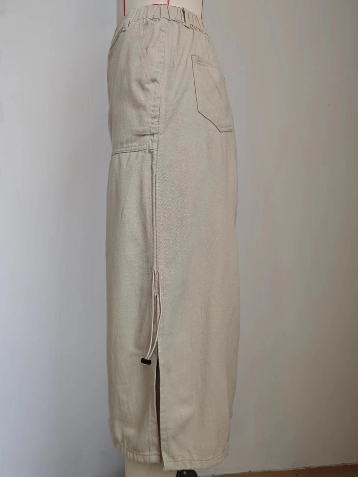 Drawstring Ruched Cargo Maxi Skirt - Beige - 8