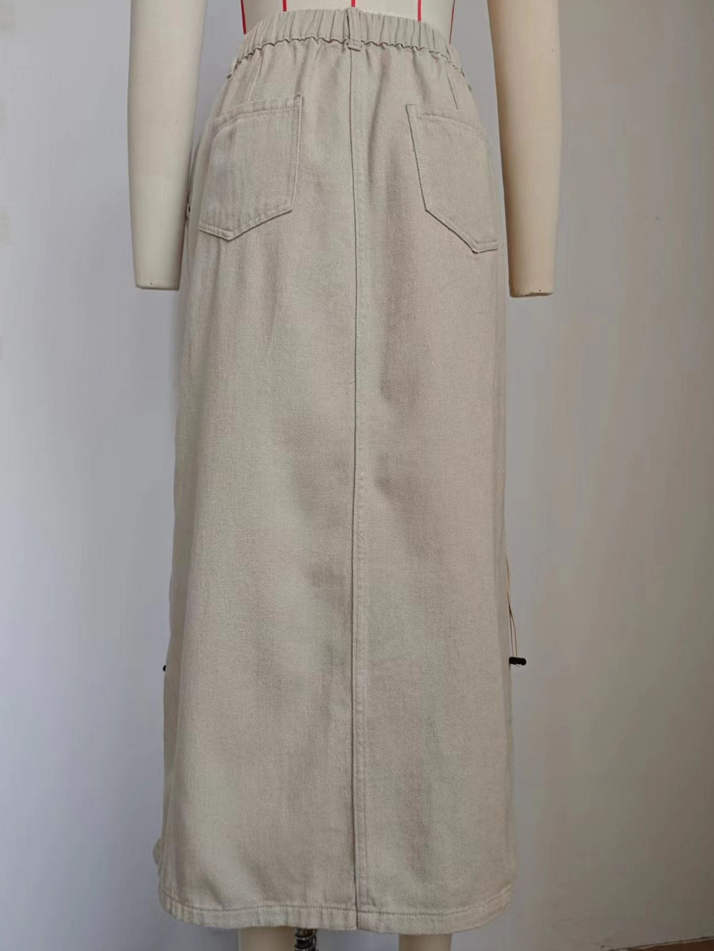 Drawstring Ruched Cargo Maxi Skirt - Beige - 9