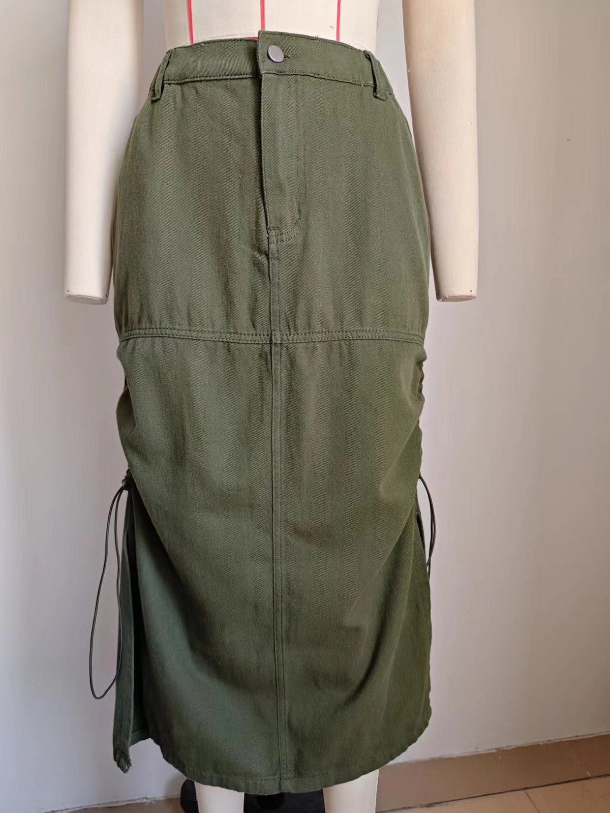 Drawstring Ruched Cargo Maxi Skirt - Green - 5