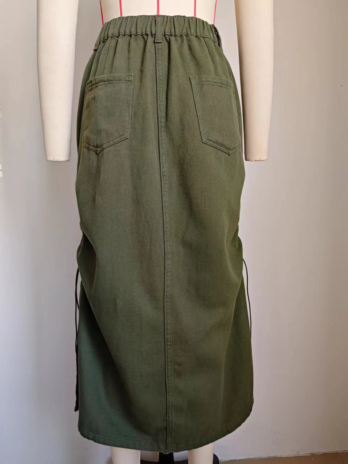 Drawstring Ruched Cargo Maxi Skirt - Green - 7