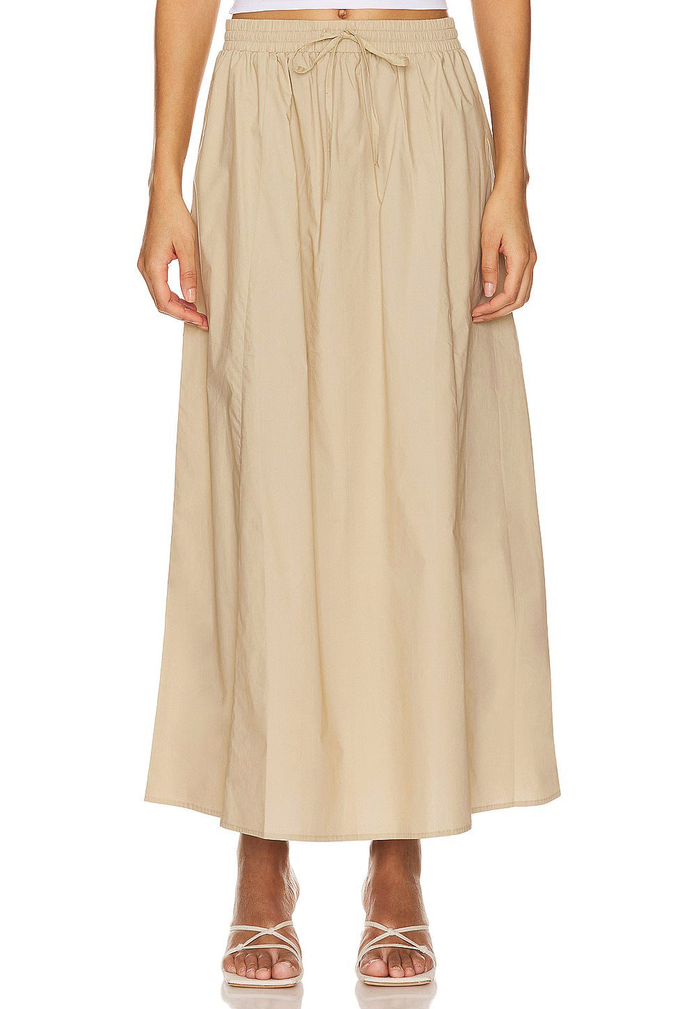 Drawstring Waist Cotton Maxi Skirt - Apricot