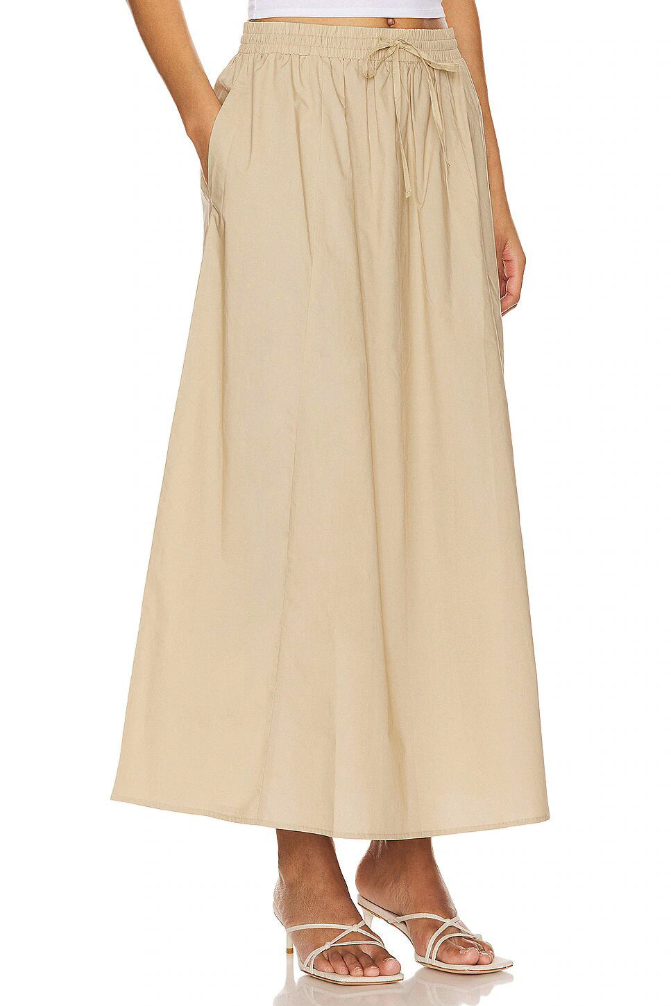 Drawstring Waist Cotton Maxi Skirt - Apricot - 1