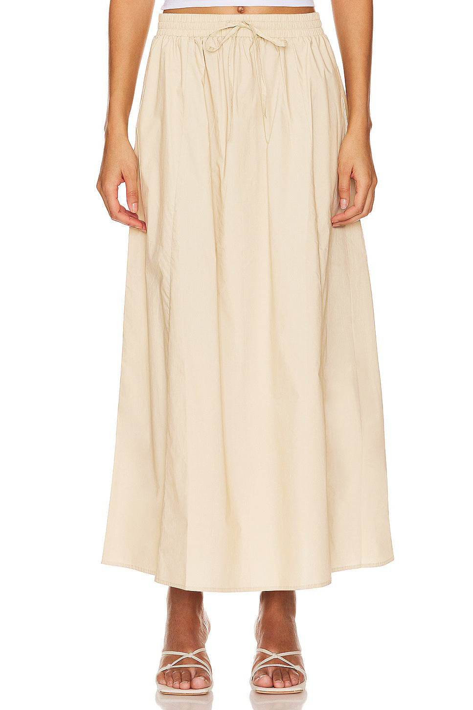 Drawstring Waist Cotton Maxi Skirt - Beige