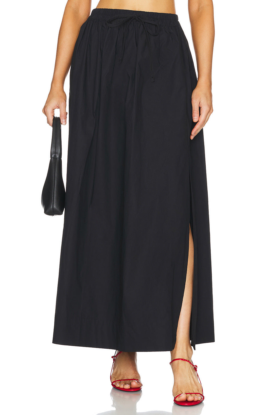 Drawstring Waist Cotton Maxi Skirt - Black