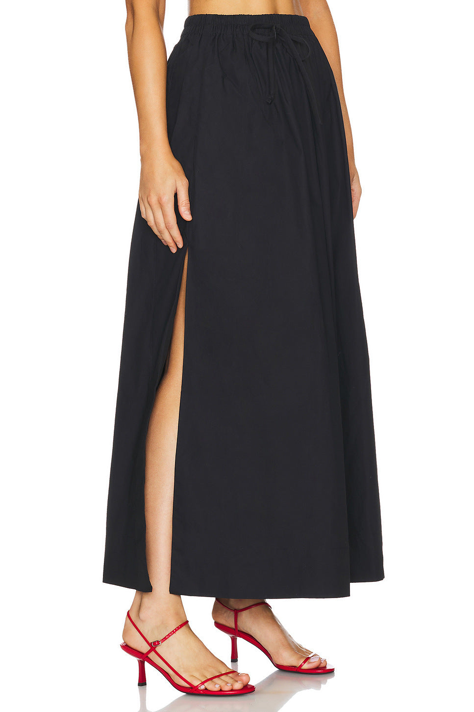 Drawstring Waist Cotton Maxi Skirt - Black - 1