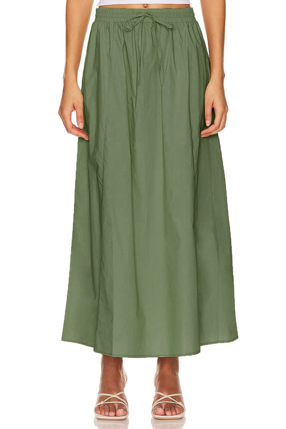 Drawstring Waist Cotton Maxi Skirt - Green