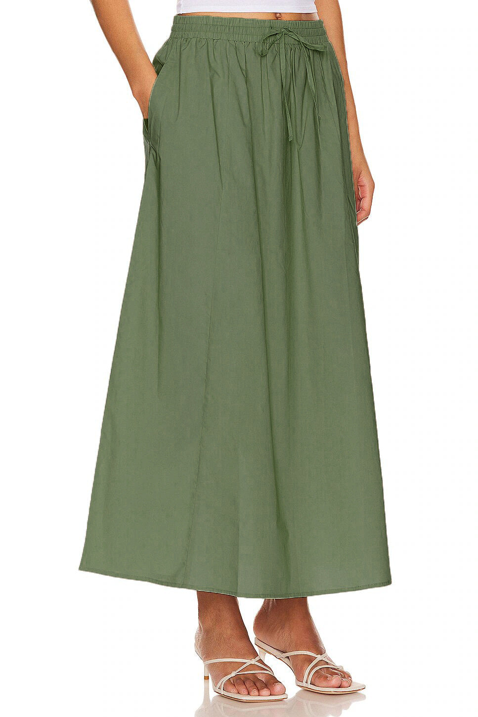 Drawstring Waist Cotton Maxi Skirt - Green - 1