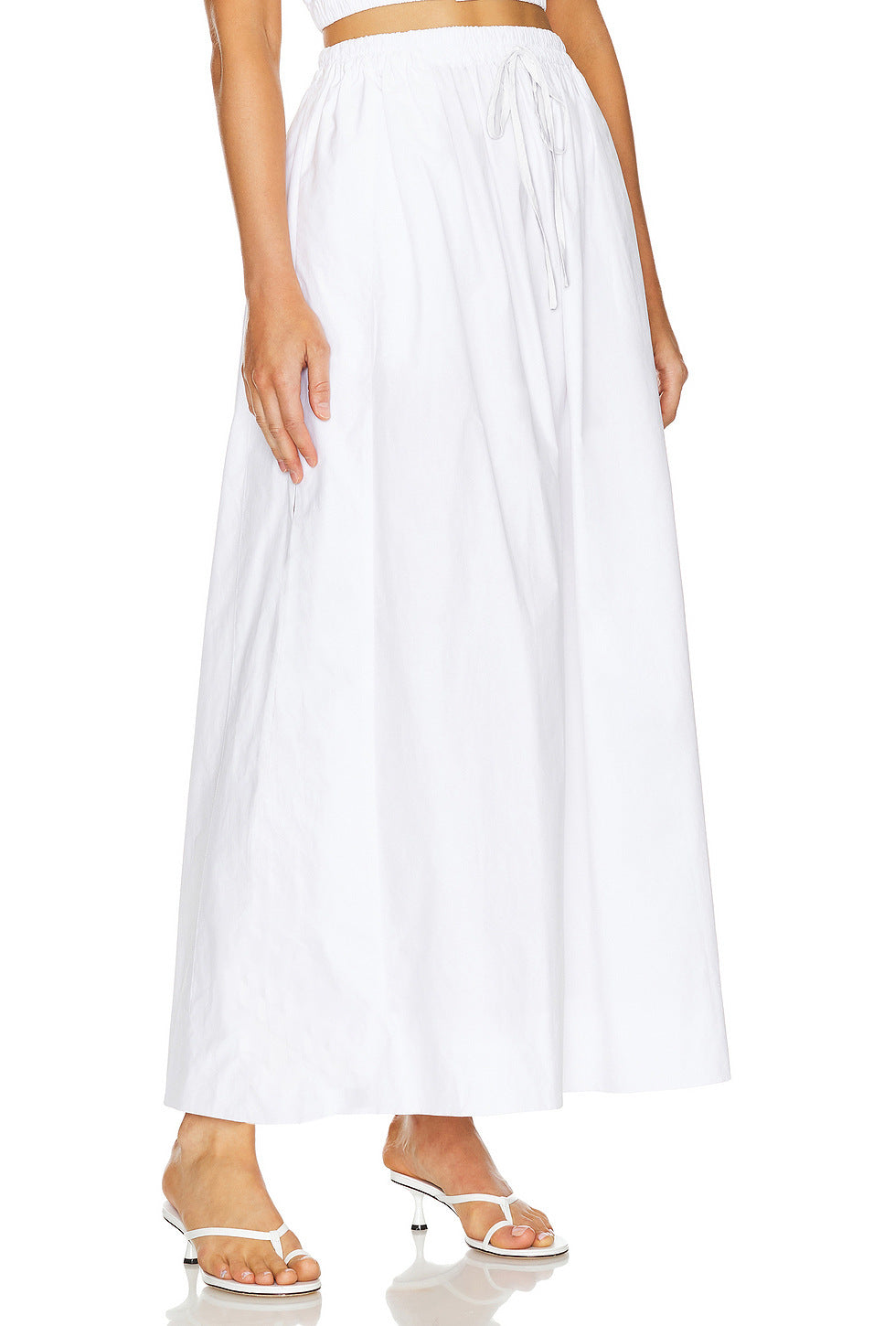 Drawstring Waist Cotton Maxi Skirt - White - 1