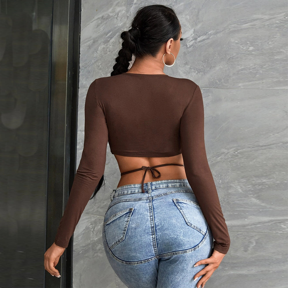Tie Waist O Ring Plunge Crop Top - Brown - 1