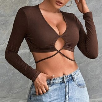 Tie Waist O Ring Plunge Crop Top - Brown - 2
