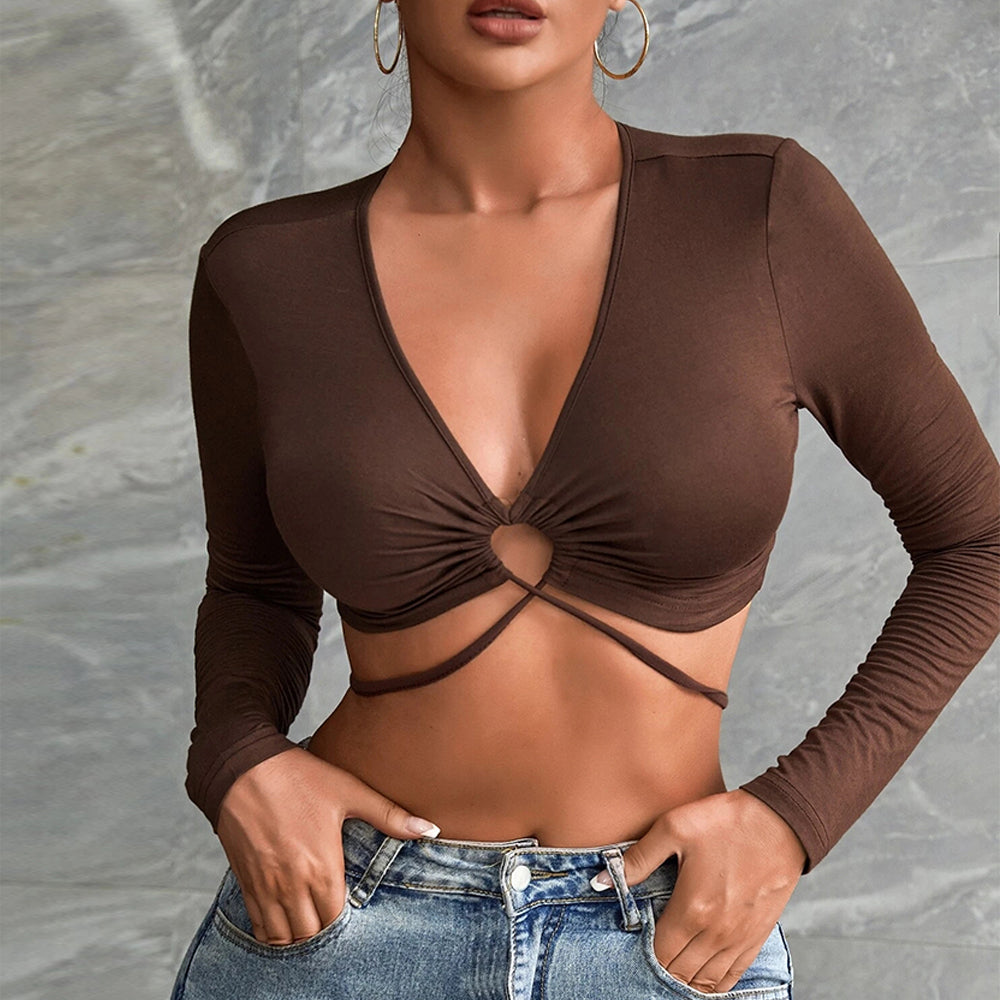 Tie Waist O Ring Plunge Crop Top - view 1