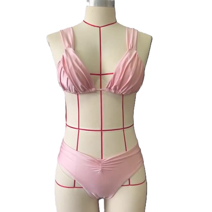 Shirred Cup V Waist Bikini Set - Pink - 1