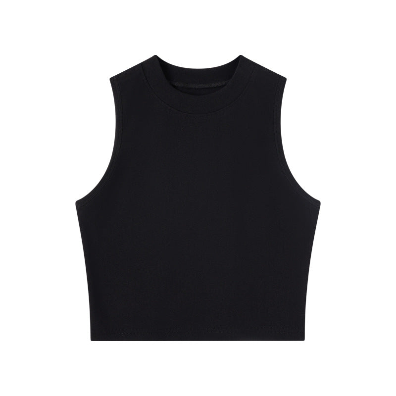Fitted Mock Neck Cotton Crop Tank - Black