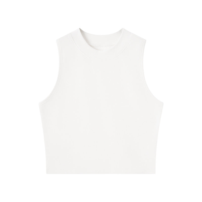 Fitted Mock Neck Cotton Crop Tank - White