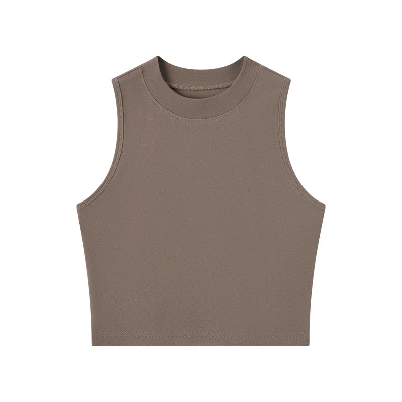 Fitted Mock Neck Cotton Crop Tank - coffee
