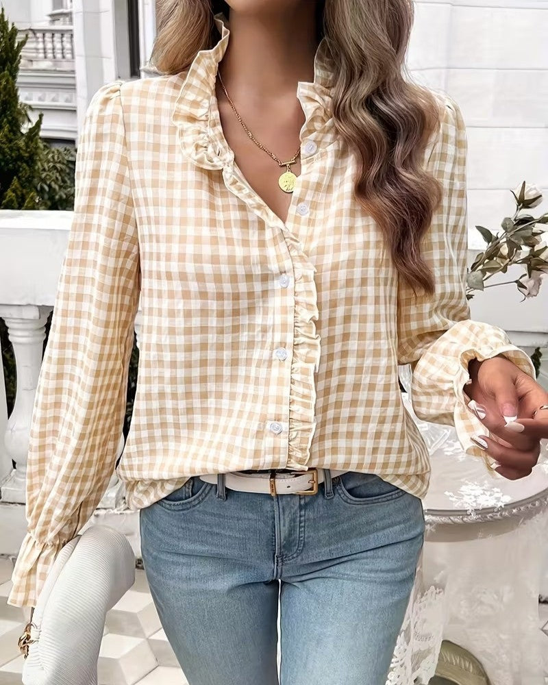 Gingham Ruffle Bell Sleeve Button Up Shirt - Apricot