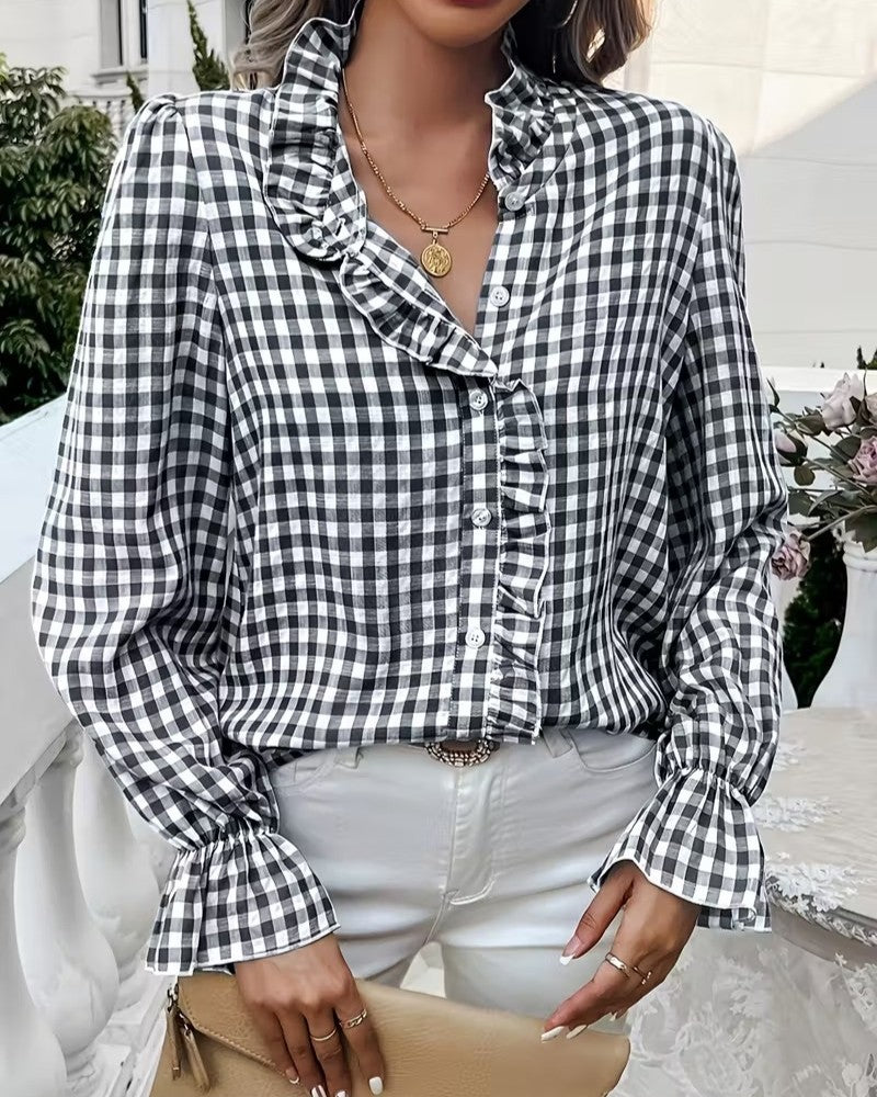 Gingham Ruffle Bell Sleeve Button Up Shirt - Black