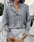 Gingham Ruffle Bell Sleeve Button Up Shirt - Black