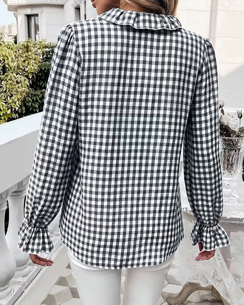 Gingham Ruffle Bell Sleeve Button Up Shirt - Black - 1