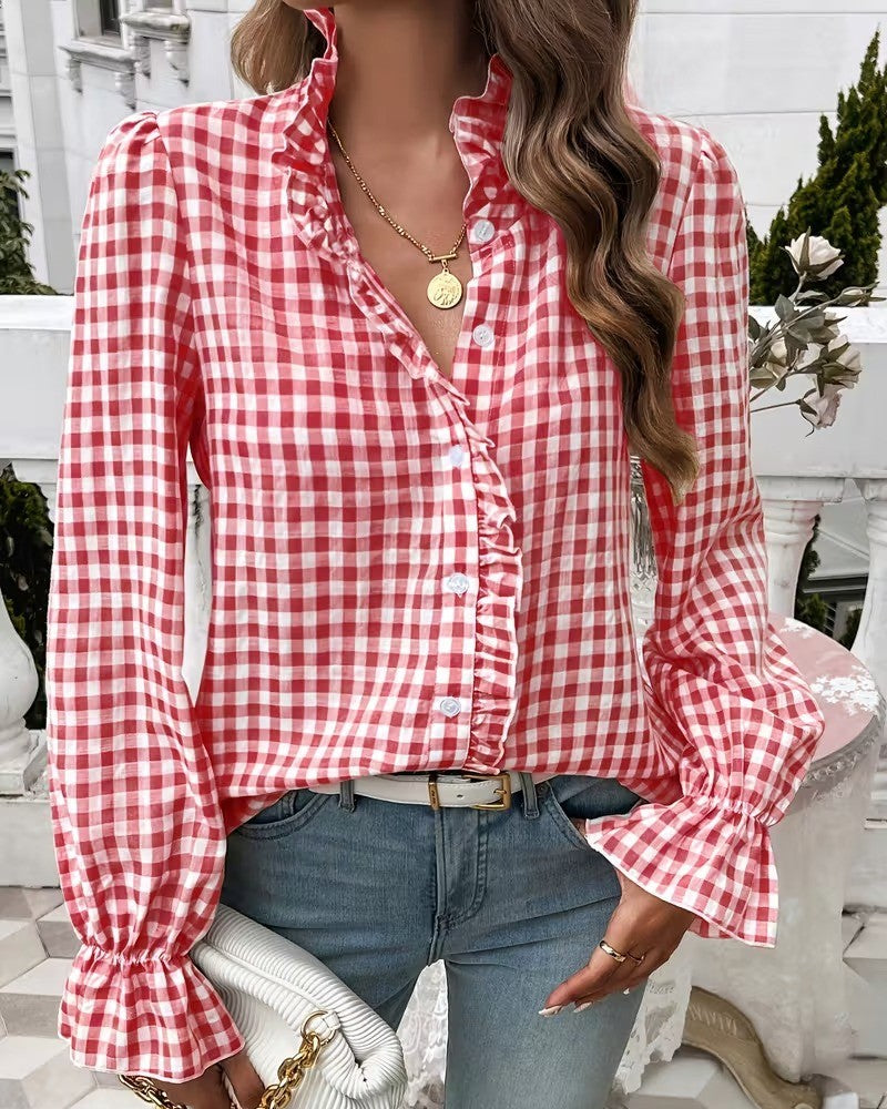 Gingham Ruffle Bell Sleeve Button Up Shirt - Red