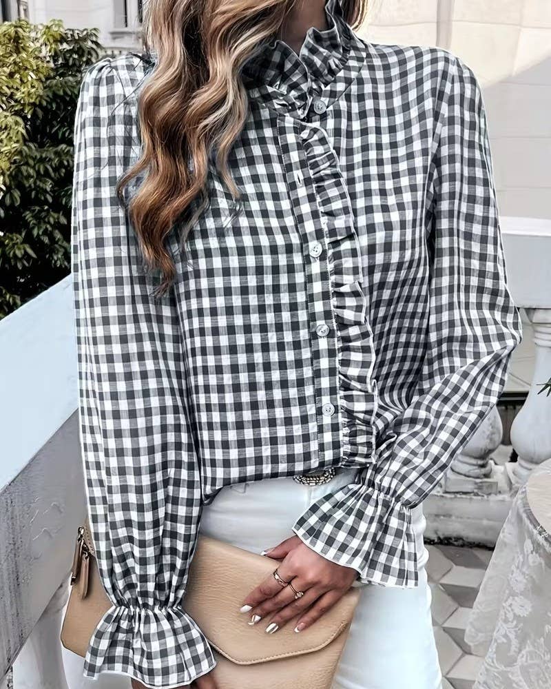 Gingham Ruffle Bell Sleeve Button Up Shirt